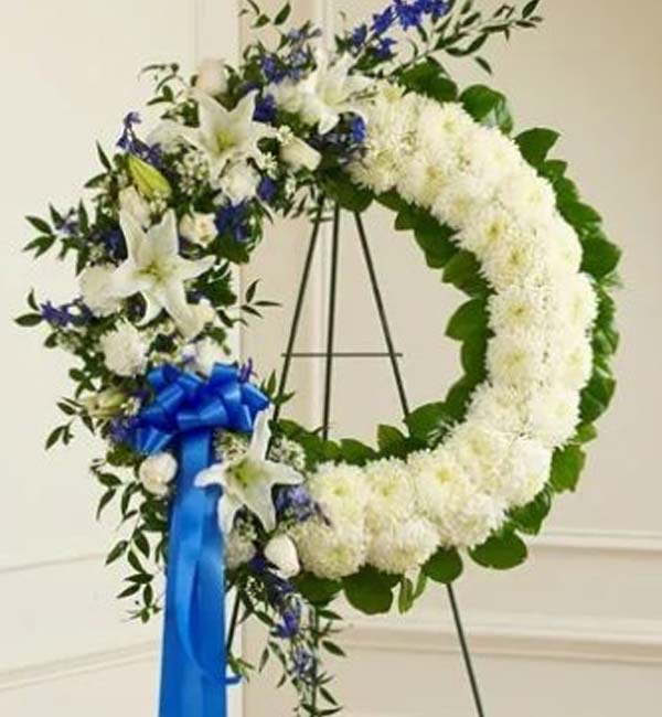 Serene Sympathies Standing Wreath – Blue & White